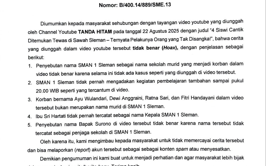 PEMBERITAHUAN INFORMASI TIDAK BENAR PADA VIDEO YOUTUBE YANG MENCANTUMKAN NAMA SEKOLAH